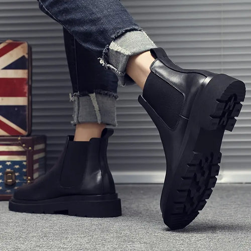 Chelsea men's boots, low-cut Derby shoes, slip-on thick-soled height-increasing boots, casual spring black short boots, Marti