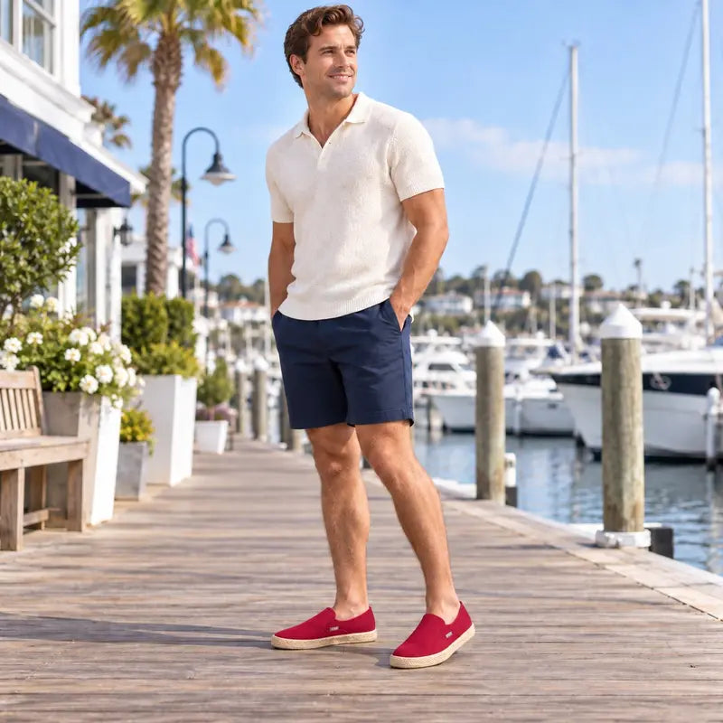 Men's Red Canvas Slip-On Loafers - Durable White Rubber Sole, Breathable Low-Top Casual Trainers, Lightweight Flat Comfort Fo