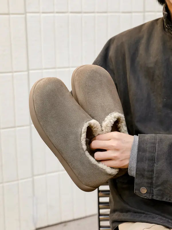 Men’s Genuine Cowhide Leather Slip-On Shoes, Genuine Shearling Lined Warm Winter Casual Shoes, Round Toe Comfortable Indoor O