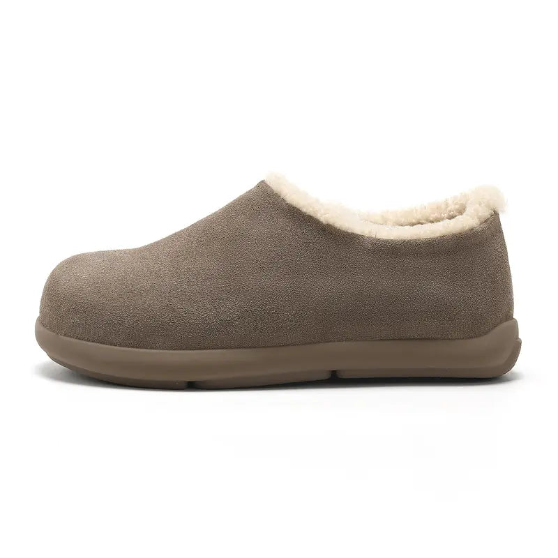 Unisex Suede Clogs Genuine Cowhide Leather Shoes, Shearling Fur Lined Warm Winter Slip-On Mules, Round Toe Cozy Casual Footwe