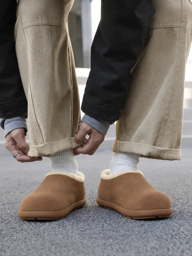 Men’s Genuine Cowhide Leather Slip-On Shoes, Genuine Shearling Lined Warm Winter Casual Shoes, Round Toe Comfortable Indoor O