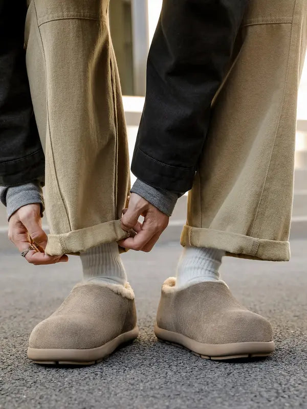 Men’s Genuine Cowhide Leather Slip-On Shoes, Genuine Shearling Lined Warm Winter Casual Shoes, Round Toe Comfortable Indoor O