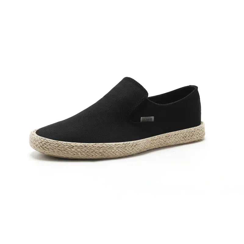 Men's Khaki Canvas Slip-On Loafers - Durable White Rubber Sole, Breathable Low-Top Casual Trainers, Lightweight Flat Comfort Footwear with Cloth Accents for Daily Commute, Construction Work, Daily Shopping, Black