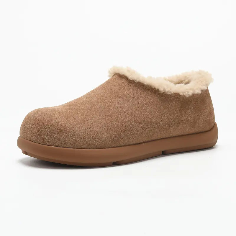 Men’s Genuine Cowhide Leather Slip-On Shoes, Genuine Shearling Lined Warm Winter Casual Shoes, Round Toe Comfortable Indoor O