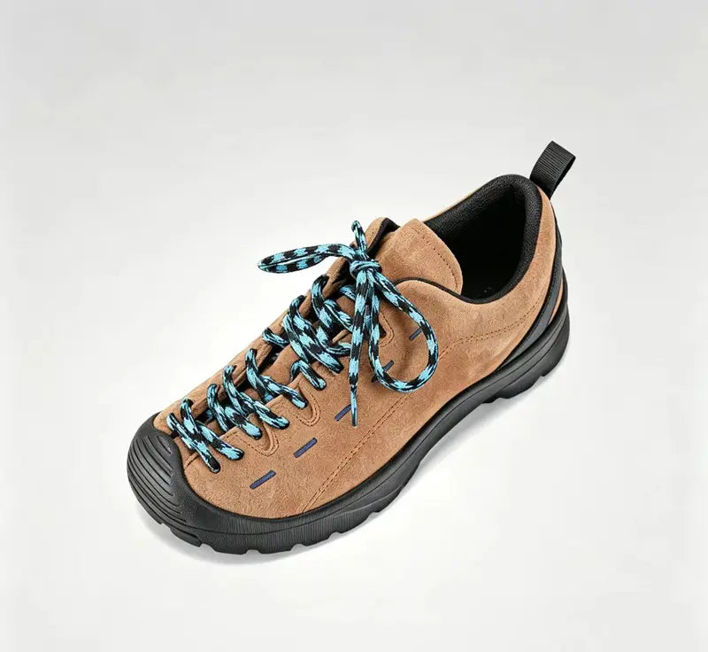 Men's Gray Suede Sneakers, soft suede upper, stylish blue & black woven laces, durable thick black rubber sole. Low-top casual hiking shoes, slip-resistant, cushioned insole, fine stitching, minimalist daily outdoor footwear for all seasons.