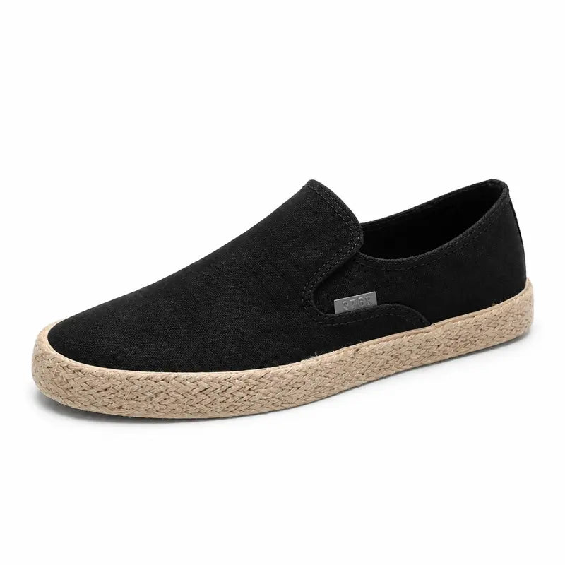 Men's Black Canvas Slip On Loafers with Durable White Rubber Sole, Breathable Low Top Casual Sneakers, Lightweight Flat Comfort Walking Footwear for Daily Commute, Street Style and Everyday Casual Activities