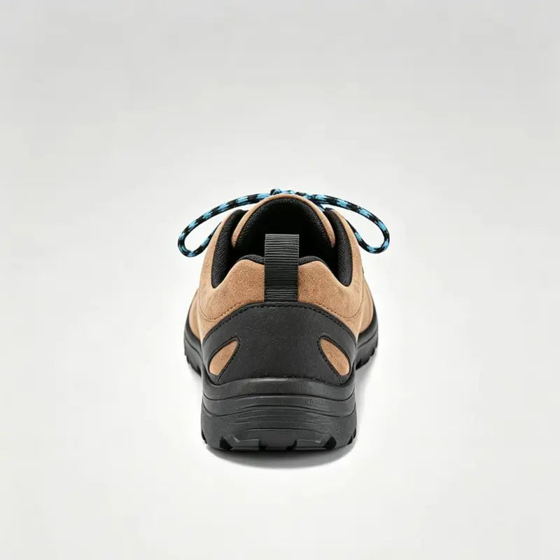 Men's Brown Suede Sneakers, soft suede upper, stylish blue & black woven laces, durable thick black rubber sole. Low-top casual hiking shoes, slip-resistant, cushioned insole, fine stitching, minimalist daily outdoor footwear for all seasons.