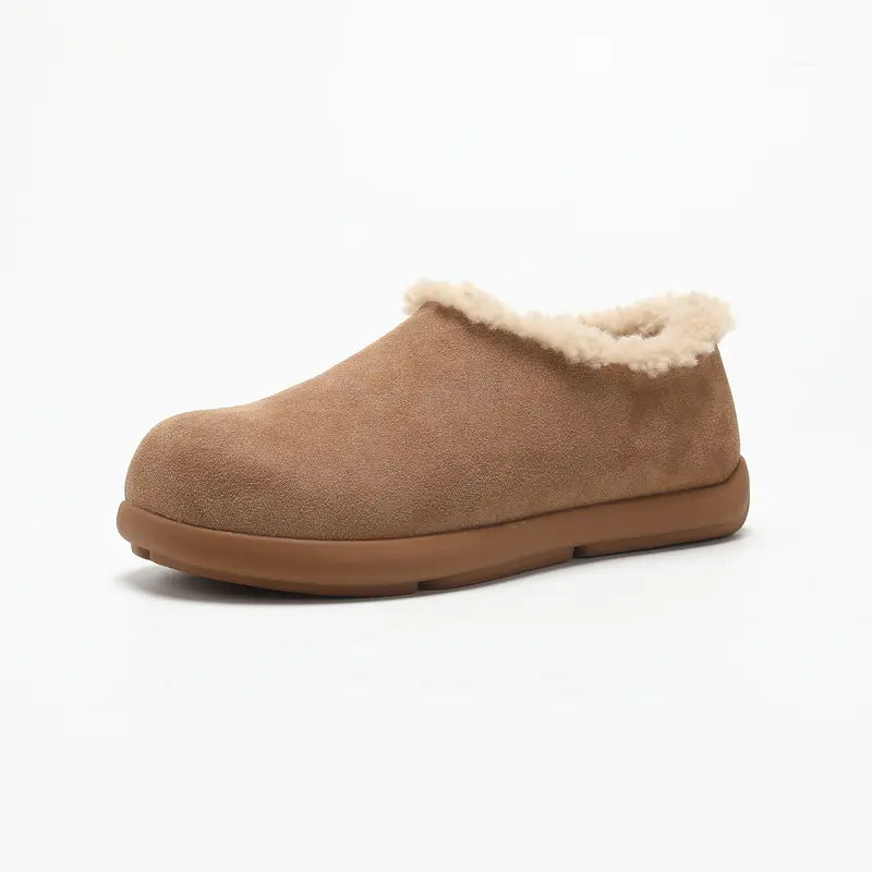 Unisex Suede Clogs Genuine Cowhide Leather Shoes, Shearling Fur Lined Warm Winter Slip-On Mules, Round Toe Cozy Casual Footwe