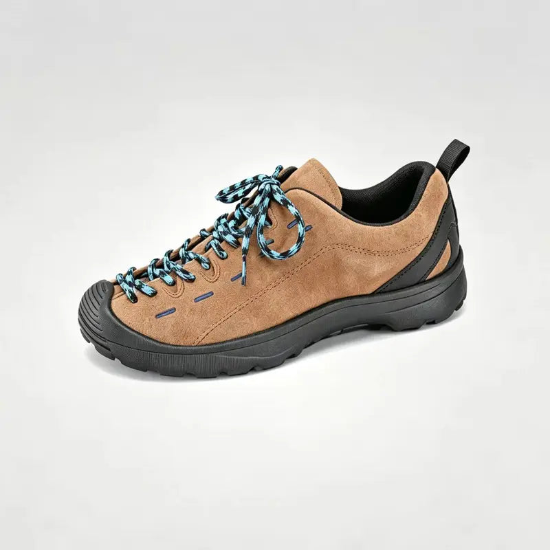 Men's Brown Suede Sneakers, soft suede upper, stylish blue & black woven laces, durable thick black rubber sole. Low-top casual hiking shoes, slip-resistant, cushioned insole, fine stitching, minimalist daily outdoor footwear for all seasons.