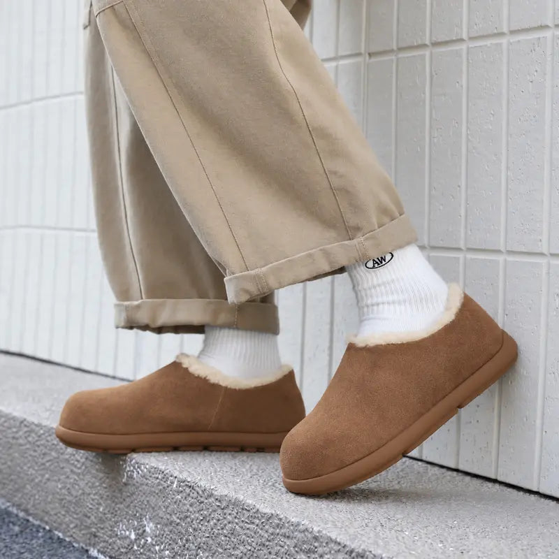 Men’s Genuine Cowhide Leather Slip-On Shoes, Genuine Shearling Lined Warm Winter Casual Shoes, Round Toe Comfortable Indoor O