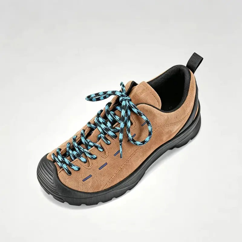 Men's Brown Suede Sneakers, soft suede upper, stylish blue & black woven laces, durable thick black rubber sole. Low-top casual hiking shoes, slip-resistant, cushioned insole, fine stitching, minimalist daily outdoor footwear for all seasons.