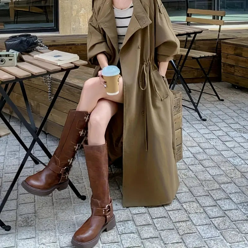 Brown Faux Leather Tall Boots with Multi Buckle Details, Round Toe Chunky Block Sole Knee High Riding Boots, Vintage Motorcyc