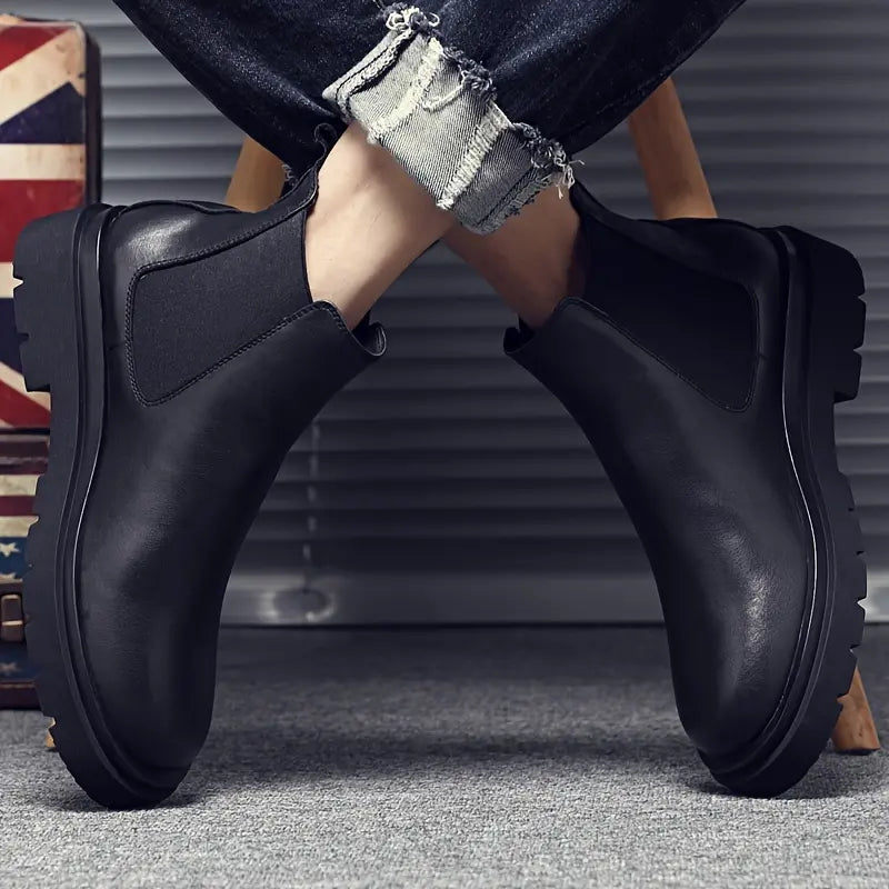 Chelsea men's boots, low-cut Derby shoes, slip-on thick-soled height-increasing boots, casual spring black short boots, Marti
