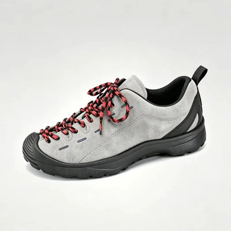Men's Gray Suede Sneakers, soft suede upper, stylish blue & black woven laces, durable thick black rubber sole. Low-top casual hiking shoes, slip-resistant, cushioned insole, fine stitching, minimalist daily outdoor footwear for all seasons.