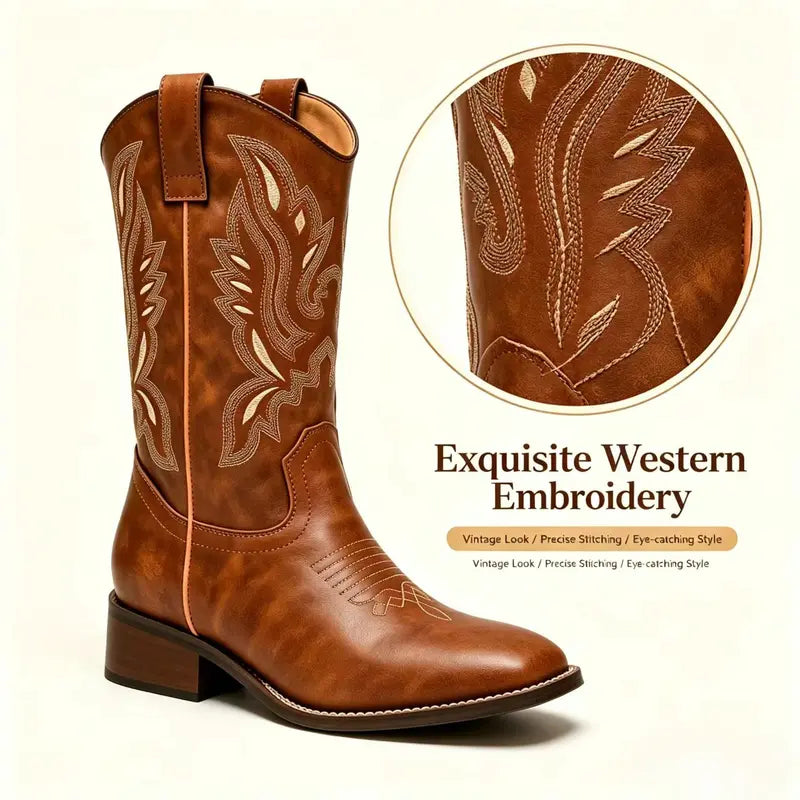 Women's Vintage Brown Western Cowboy Boots Embroidered Mid Calf Square Toe Low Block Heel Slip On Cowgirl Boots