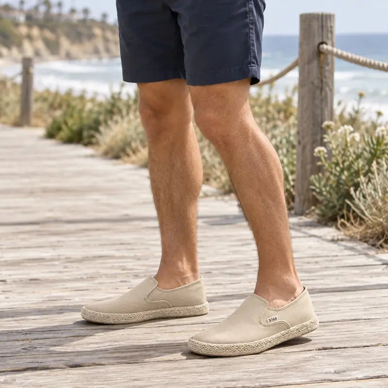 Men's Khaki Canvas Slip-On Loafers - Durable White Rubber Sole, Breathable Low-Top Casual Trainers, Lightweight Flat Comfort 