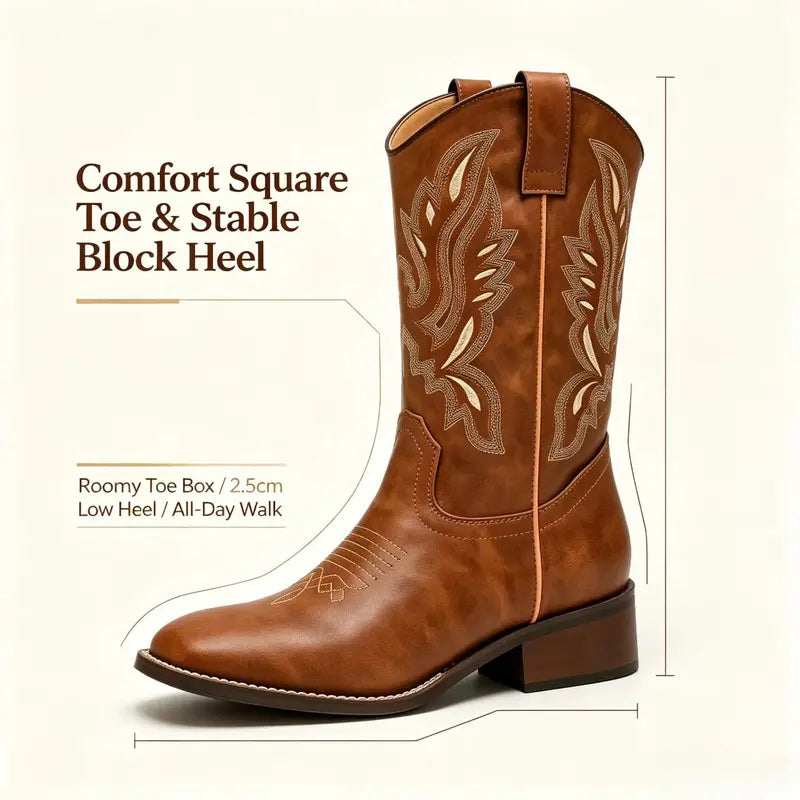 Women's Vintage Brown Western Cowboy Boots Embroidered Mid Calf Square Toe Low Block Heel Slip On Cowgirl Boots