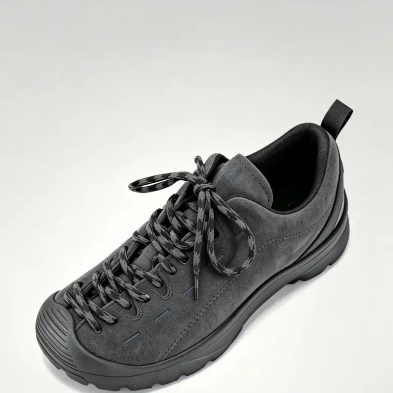 Men's Brown Suede Sneakers, soft suede upper, stylish blue & black woven laces, durable thick black rubber sole. Low-top casual hiking shoes, slip-resistant, cushioned insole, fine stitching, minimalist daily outdoor footwear for all seasons.