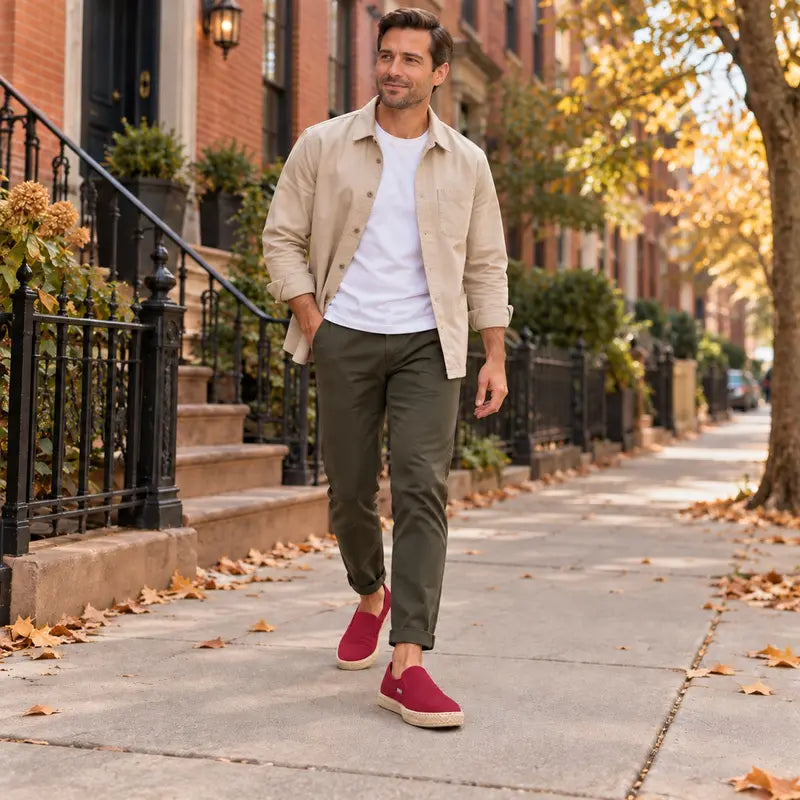 Men's Red Canvas Slip-On Loafers - Durable White Rubber Sole, Breathable Low-Top Casual Trainers, Lightweight Flat Comfort Fo
