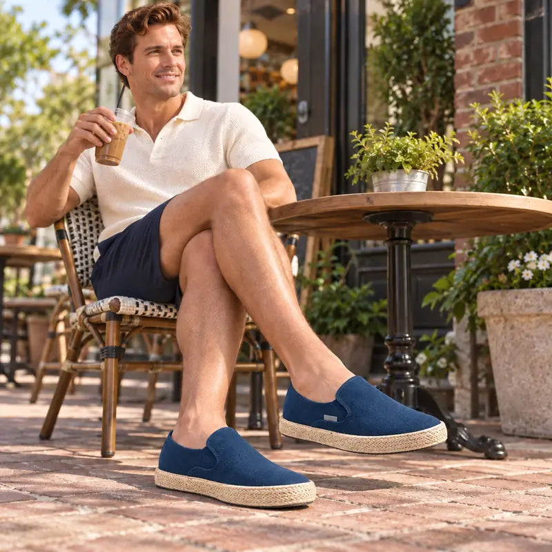 Men's Canvas Espadrille Loafers, Lightweight Breathable Slip-On Casual Shoes with Rope-Wrapped Rubber Sole