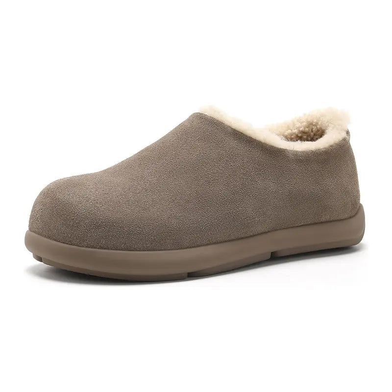 Unisex Suede Clogs Genuine Cowhide Leather Shoes, Shearling Fur Lined Warm Winter Slip-On Mules, Round Toe Cozy Casual Footwe