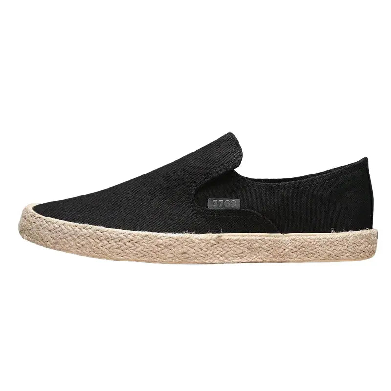 Men's Black Canvas Slip On Loafers with Durable White Rubber Sole, Breathable Low Top Casual Sneakers, Lightweight Flat Comfort Walking Footwear for Daily Commute, Street Style and Everyday Casual Activities