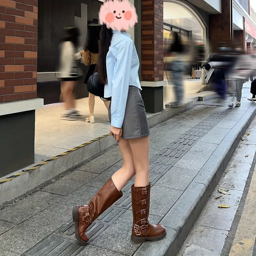 Brown Faux Leather Tall Boots with Multi Buckle Details, Round Toe Chunky Block Sole Knee High Riding Boots, Vintage Motorcyc