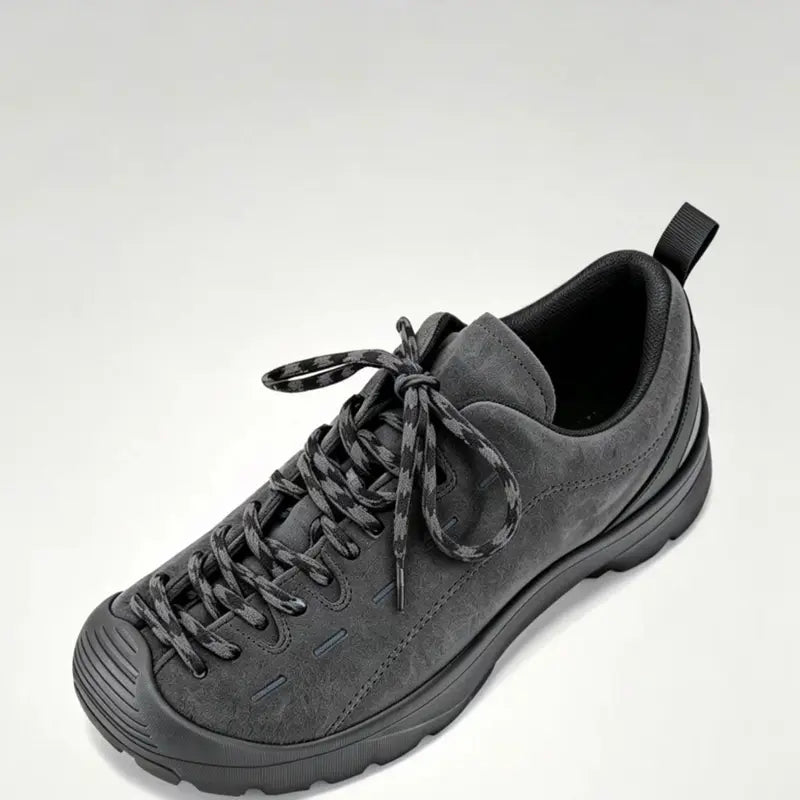 Men's Brown Suede Sneakers, soft suede upper, stylish blue & black woven laces, durable thick black rubber sole. Low-top casu