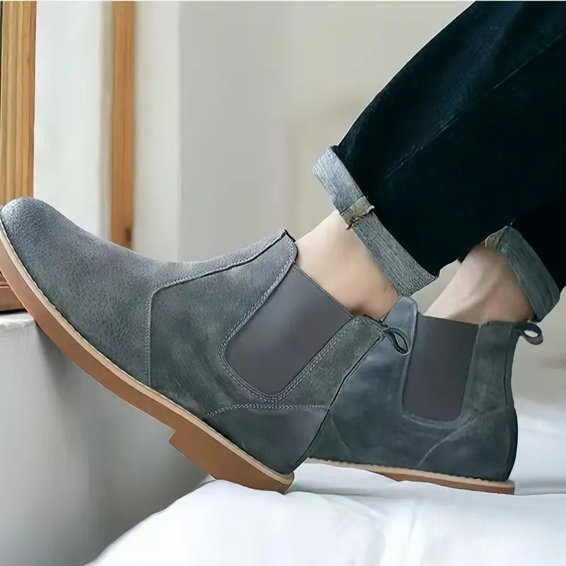 Men's Gray Suede Chelsea Boots - Quality Split Leather, Elastic Side Panels, Tan Cushioned Soles, Skin-Friendly Lining, Matte Texture, Streamlined Shape - Comfortable for Daily Commuting, Outdoor Trips, Jeans/Casual/Business Outfits