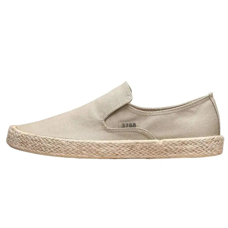 Men's Khaki Canvas Slip-On Loafers - Durable White Rubber Sole, Breathable Low-Top Casual Trainers, Lightweight Flat Comfort 