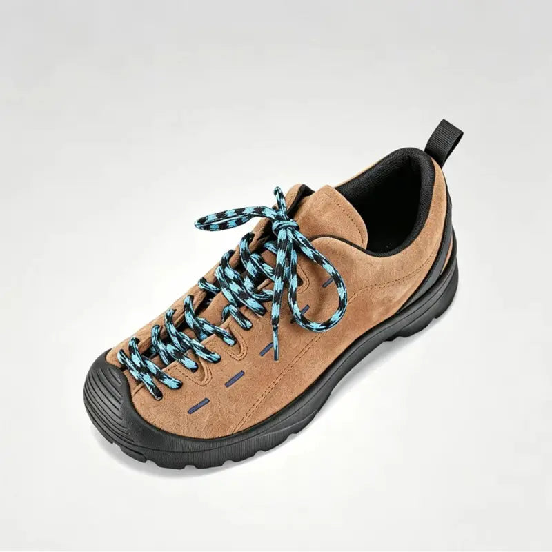 Men's Black Suede Sneakers, soft suede upper, stylish blue & black woven laces, durable thick black rubber sole. Low-top casual hiking shoes, slip-resistant, cushioned insole, fine stitching, minimalist daily outdoor footwear for all seasons.