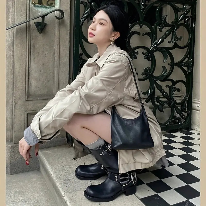 Brown Faux Leather Tall Boots with Multi Buckle Details, Round Toe Chunky Block Sole Knee High Riding Boots, Vintage Motorcyc