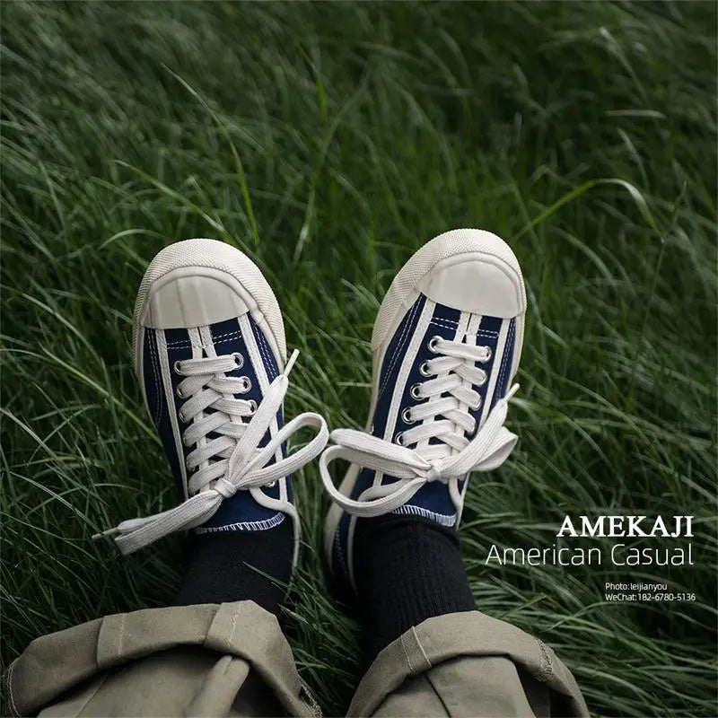 2026 new blue high-top summer shoes, Japanese-style retro casual board shoes, versatile women's canvas shoes