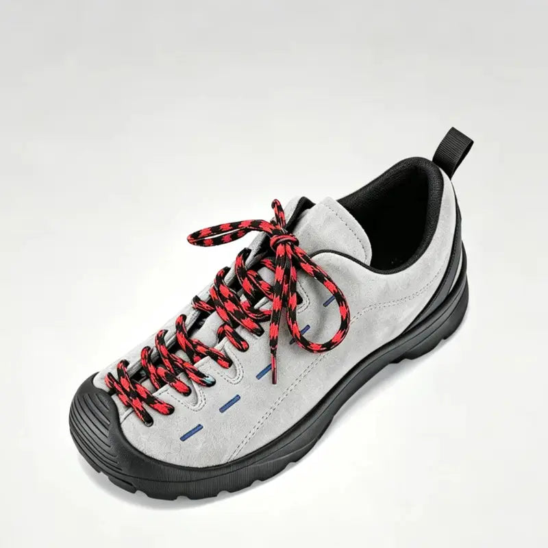 Men's Brown Suede Sneakers, soft suede upper, stylish blue & black woven laces, durable thick black rubber sole. Low-top casual hiking shoes, slip-resistant, cushioned insole, fine stitching, minimalist daily outdoor footwear for all seasons.