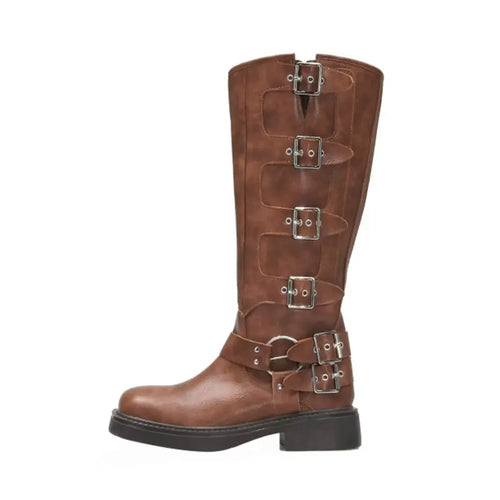 Brown Faux Leather Tall Boots with Multi Buckle Details, Round Toe Chunky Block Sole Knee High Riding Boots, Vintage Motorcyc